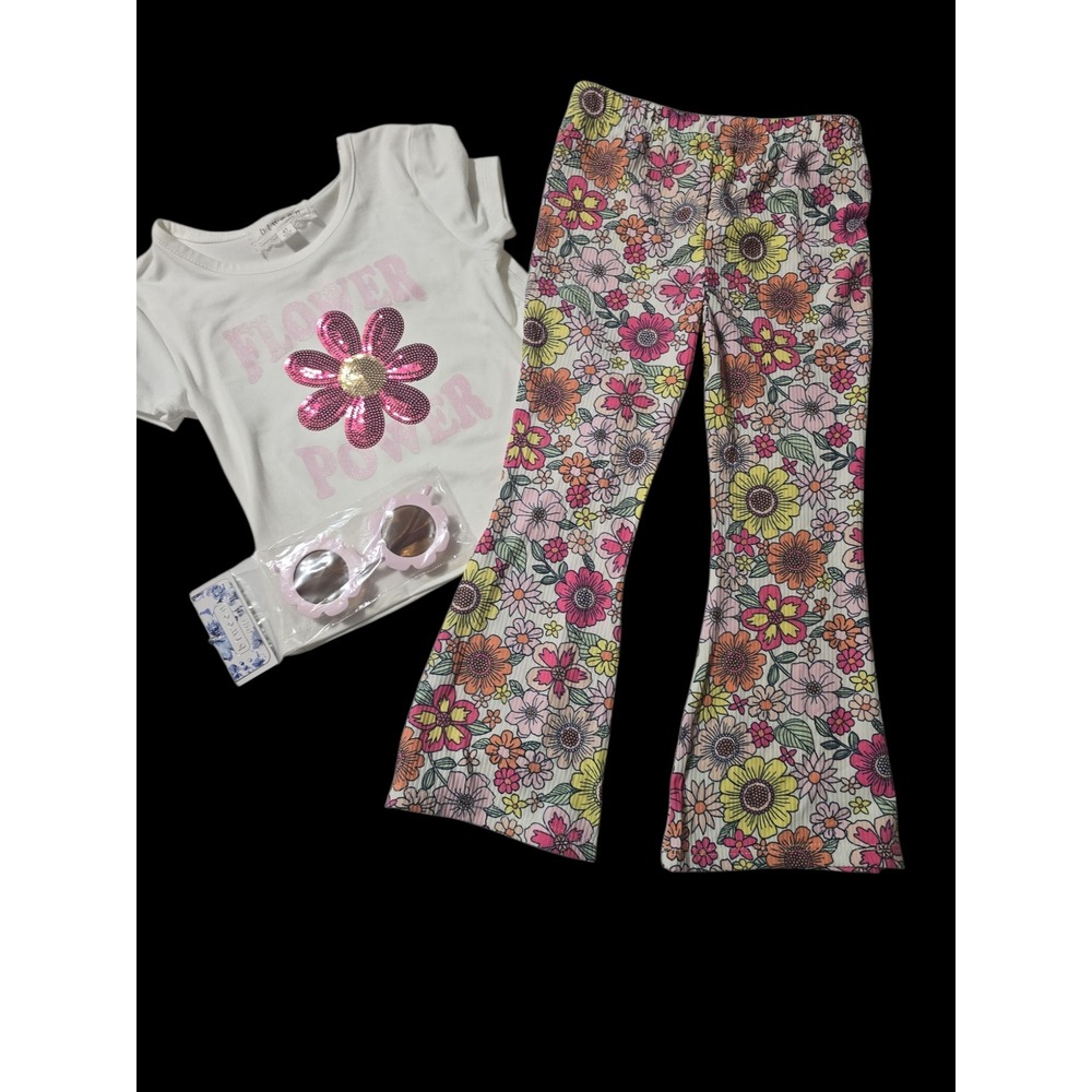 Btween Girls 4T 70s Flower Power Outfit Floral Flare Leggings Sunglasses